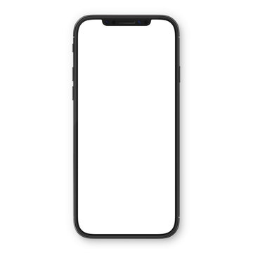 Black smartphone with blank white screen. High detailed realistic smartphone mockup. Mobile front view display template.