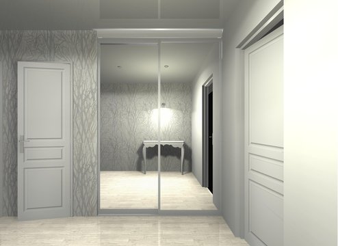 3D rendering illustration interior design wardrobe sliding doors mirrored, hallway