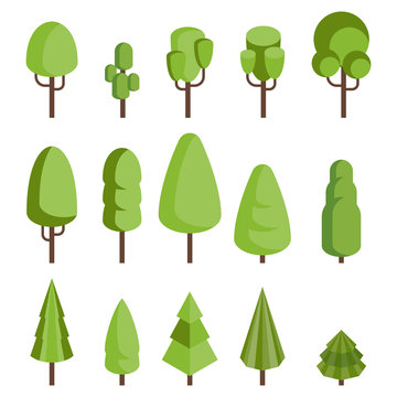 Isometric trees. Set for creating computer locations in open air. Icon for park, forest and garden. Flat vector cartoon illustration. Objects isolated on white background.