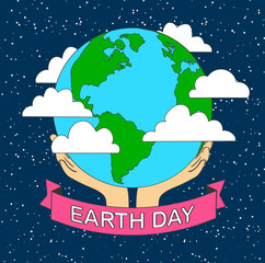 stock vector cartoon earth illustration planet smile.earth day concept human hands holding floating globe in space save our planet flat style vector.