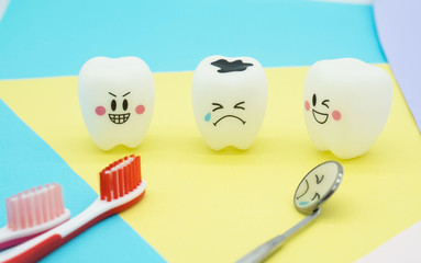 
Model Cute toys teeth in dentistry on colorful pastel paper for background .
