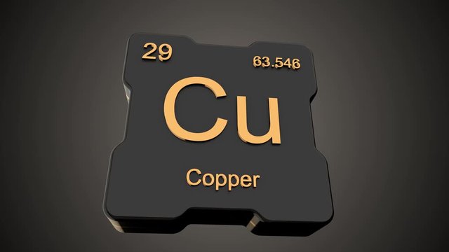 Copper element symbol from periodic table on futuristic black glossy icon animated on dark background and chroma key green screen background
