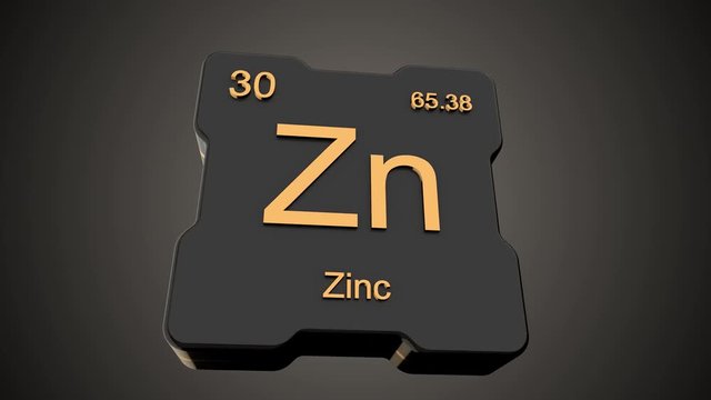 Zinc element symbol from periodic table on futuristic black glossy icon animated on dark background and chroma key green screen background