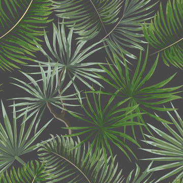 seamless pattern of bright green tropical leaves on grey background. Tropical palm leaves, jungle leaves seamless vector floral pattern background.