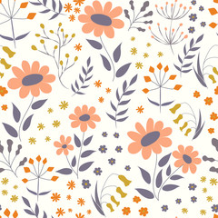 Vector floral pattern in doodle style with flowers and leaves. Gentle, spring floral background.Vector set of packaging design templates, seamless patterns and frames with copy space. modern