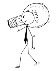 Cartoon stick man drawing conceptual illustration of businessman carry big light bulb. Business concept of idea and creativity.