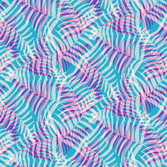 Abstract psychedelic blue and pink tropical leaves seamless pattern. Bright trendy vector exotic fern leaves texture for textile, wrapping paper, background, surface, cover, web design