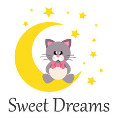 cartoon cute cat with tie sitting on the moon with text