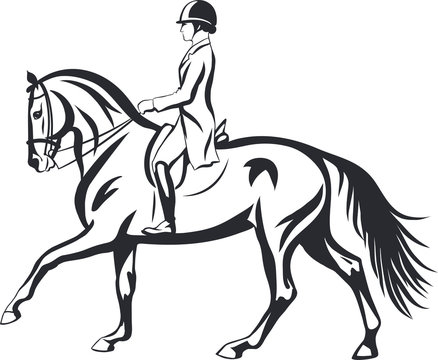 A logo of a dressage rider on a horse.
