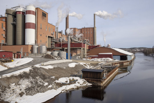 Pulp and paper plant near water with smoke from chimneys against blue sky