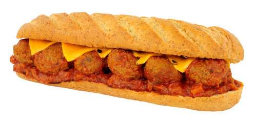 Meatball and cheese sub roll sandwich with tomato sauce isolated on a white background