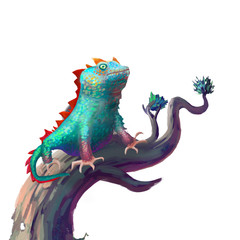 The Lizard Stays on the Branch isolated on White Background with Fantastic, Realistic and Futuristic Style. Video Game's Digital CG Artwork, Concept Illustration, Realistic Cartoon Style Scene Design