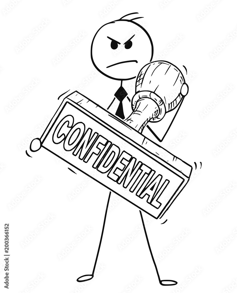 Sticker Cartoon stick man drawing conceptual illustration of businessman holding big hand rubber stamp with confidential text. Business concept of privacy and concealment .