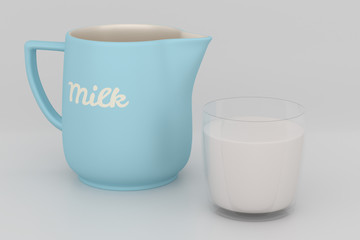 Milchkrug mit Trinkglas, befüllt mit Milch