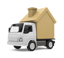 Truck with Cardboard Box House Isolated (Moving House Concept)