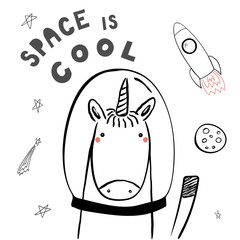Hand drawn portrait of a cute funny unicorn in space, waving, with typography. Isolated objects on white background. Line drawing. Vector illustration. Design concept for children print.