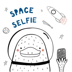 Sierkussen Hand drawn portrait of a cute funny platypus in space with a smart phone, taking selfie. Isolated objects on white background. Line drawing. Vector illustration. Design concept for children print. © Maria Skrigan