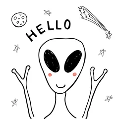 Sierkussen Hand drawn portrait of a cute funny alien in space, waving, with typography. Isolated objects on white background. Line drawing. Vector illustration. Design concept for children print. © Maria Skrigan