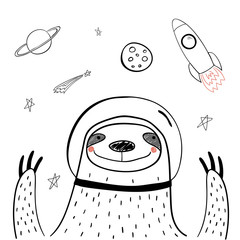 Hand drawn portrait of a cute funny sloth in space, waving. Isolated objects on white background. Line drawing. Vector illustration. Design concept for children print.