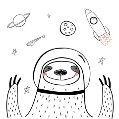 Gordijnen Hand drawn portrait of a cute funny sloth in space, waving. Isolated objects on white background. Line drawing. Vector illustration. Design concept for children print. © Maria Skrigan