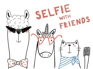  Hand drawn portrait of a cute funny unicorn, llama, cat, taking selfie together. Isolated objects on white background. Line drawing. Vector illustration. Design concept for children print. © Maria Skrigan
