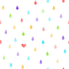 Hand drawn seamless vector pattern with watercolor rain drops and a heart, on a white background. Design concept kids textile print, wallpaper, wrapping paper.