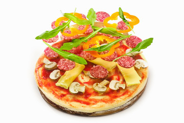 Concept of flying ingredients with pizza dough, isolated on white background.