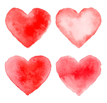 Set of Colorful Red Watercolor Hearts. Vector illustration