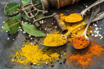 Food background Spices vintage mill Curry turmeric red chili pepper