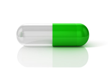 3D Illustration of capsule pill in green and transparent combination 