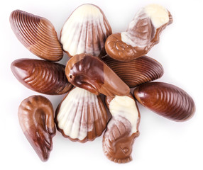 Chocolate candies in the form of seafood on white