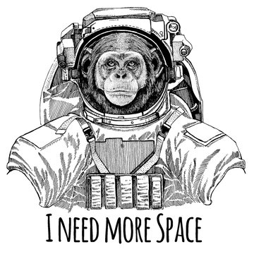 Chimpanzee Monkey Astronaut. Space suit. Hand drawn image of lion for tattoo, t-shirt, emblem, badge, logo patch kindergarten poster children clothing
