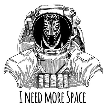Zebra Horse Astronaut. Space suit. Hand drawn image of lion for tattoo, t-shirt, emblem, badge, logo patch kindergarten poster children clothing