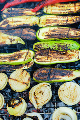 Grilled vegetables on a grill pan, top view
