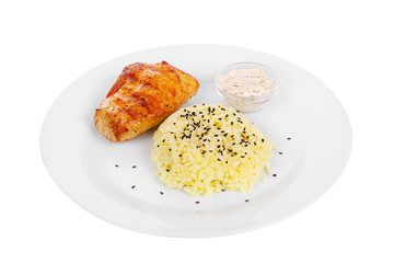 Steak from chicken, pork, grilled meat, barbecue with side dish, potato on a plate isolated white background. Tartar, sour cream, mayonnaise, white sauce. Juicy fillet, roast. For the menu Side view
