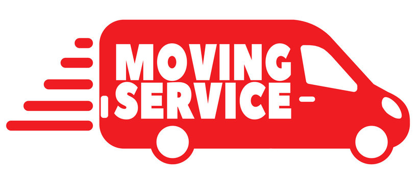 Moving Service Words On Fast Red Van. Vector Icon