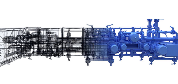 Attrezzatura industriale, Impianto di pompaggio, tubi, BIM, illustrazione 3d