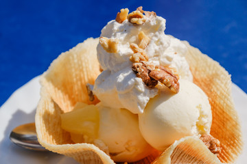 Bowl of ice cream with waffle isolated on blue background.