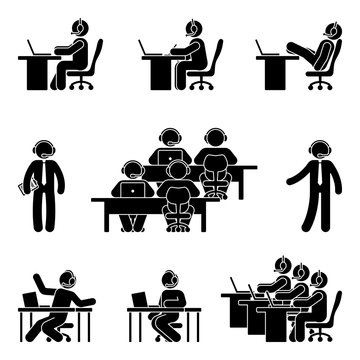 Stick figure working man using computer in call center. Vector illustration of customer support icon set on white