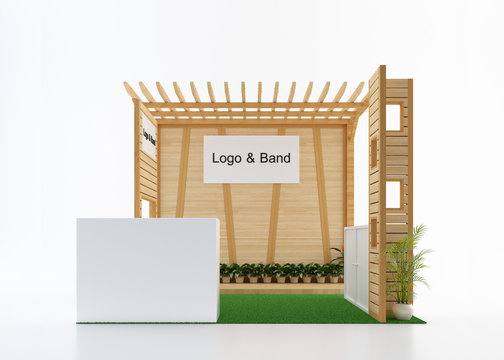 Empty and blank wood exhibition booth from front view. 3d rendering