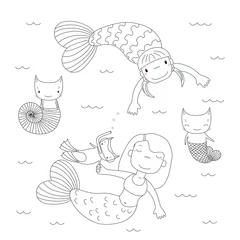 Sierkussen Hand drawn black and white vector illustration of cute little mermaid girls, cat in swim fins and scuba mask, in a sea shell, with a fish tail. Isolated objects. Design concept for kids coloring pages © Maria Skrigan