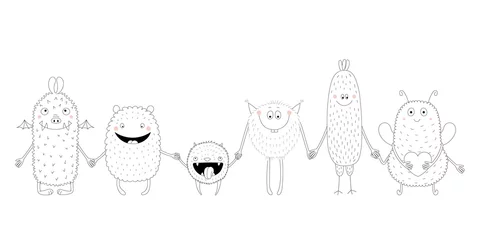 Fotobehang Illustraties Hand getekend zwart-wit vectorillustratie van leuke grappige monsters glimlachend en hand in hand. Geïsoleerde objecten. Ontwerpconcept voor kinderen kleurplaten.