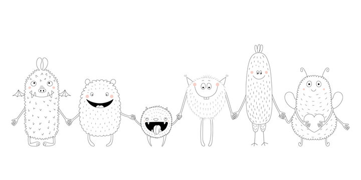Hand drawn black and white vector illustration of of cute funny monsters smiling and holding hands. Isolated objects. Design concept for children coloring pages.