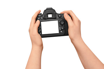 Female hands holding modern dslr camera with empty screen, isolated on white background