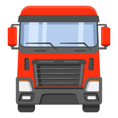 The front view on a cabin of the truck tractor.The truck of freight transportation company on cargo delivery. Courier service of delivery.Transportation of loads car.In flat vector.Semi-trailer truck