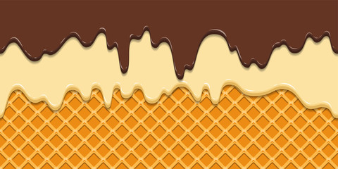Seamless pattern. Current icing and chocolate on waffle texture background, waffle cone with ice cream. Cartoon illustration for web, site, advertising, banner, poster, flyer, business card. Vector