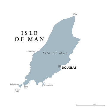 Isle of Man political map with capital Douglas. Also known as Mann, a self governing Crown dependency in the Irish Sea and a tax haven. English labeling. Gray illustration on white background. Vector.