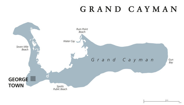 Grand Cayman political map with capital George Town. Largest of the Cayman Islands. British Overseas Territory in western Caribbean Sea. English labeling. Gray illustration on white background. Vector