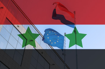 The flag of Syria with background with Russian and EC symbols.
