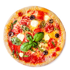 Isolated Pepperoni Pizza. Fresh Pizza  with mozzarella cheese, Basil leaf